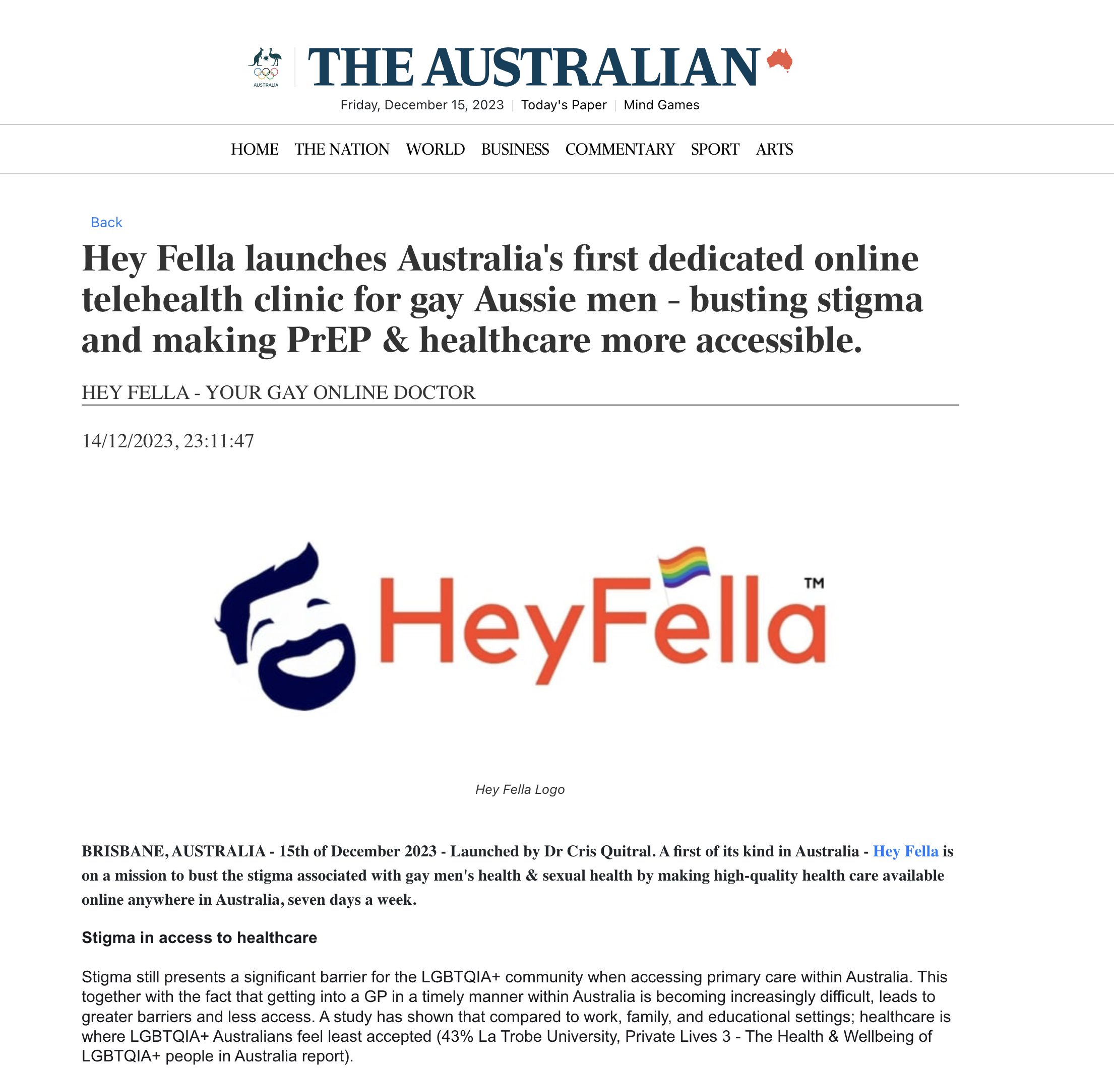 Hey Fella launches Australia's first dedicated online telehealth clinic for gay Aussie men - busting stigma and making PrEP & healthcare more accessible.